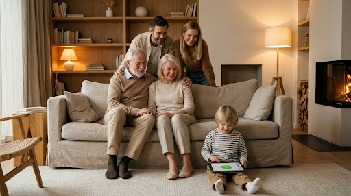 Three-generation family together at home