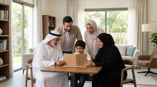 Three-generation family reading together