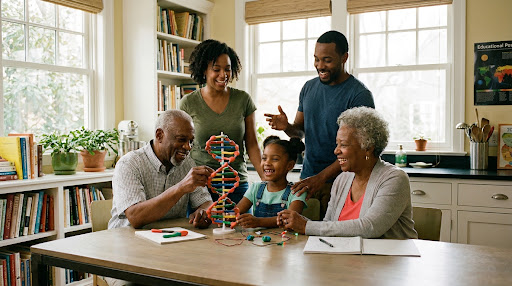 Three-generation family working on a science project