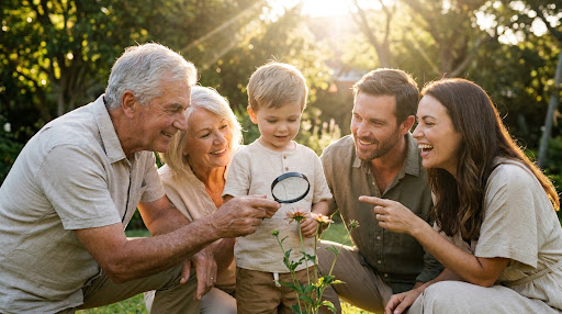 Three-generation family exploring nature together